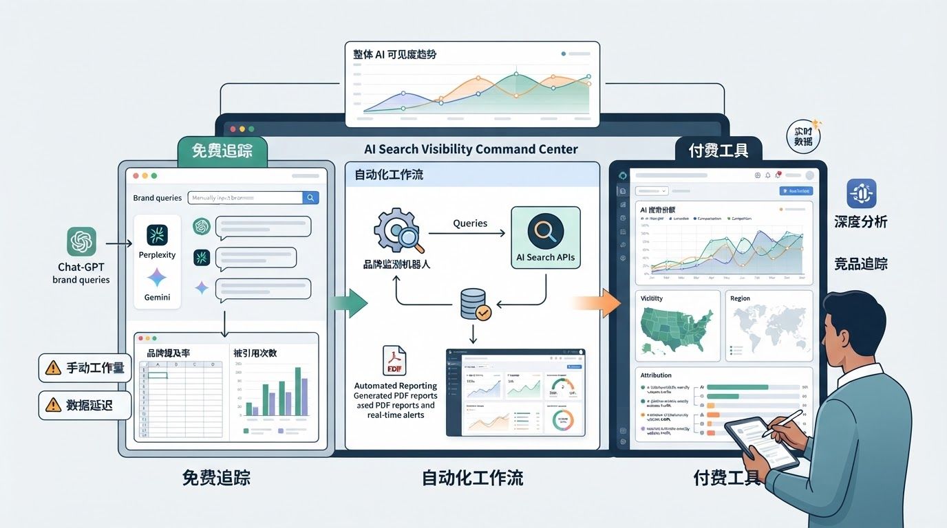 品牌在 AI 搜索中的可见度追踪教程：免费方法、自动化与付费工具