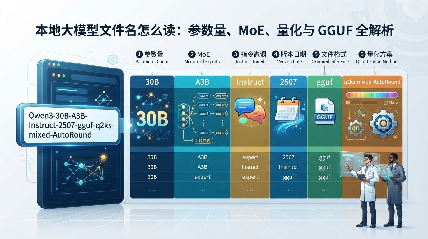 本地大模型文件名怎么读：参数量、MoE、量化与 GGUF 全解析